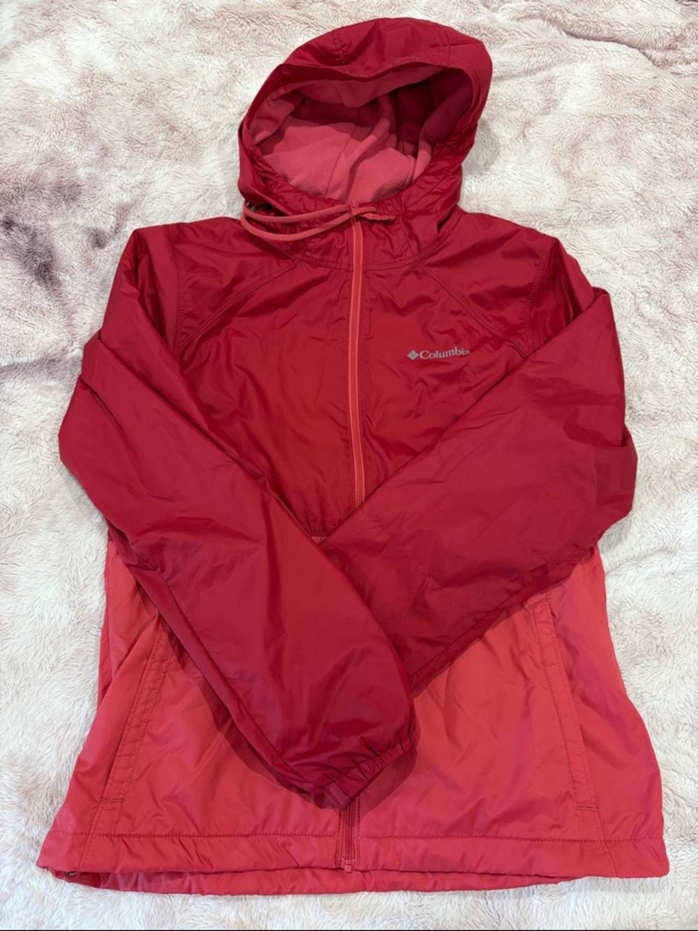Columbia Women's Red Hooded Rain jacket - fleece lining water resistant